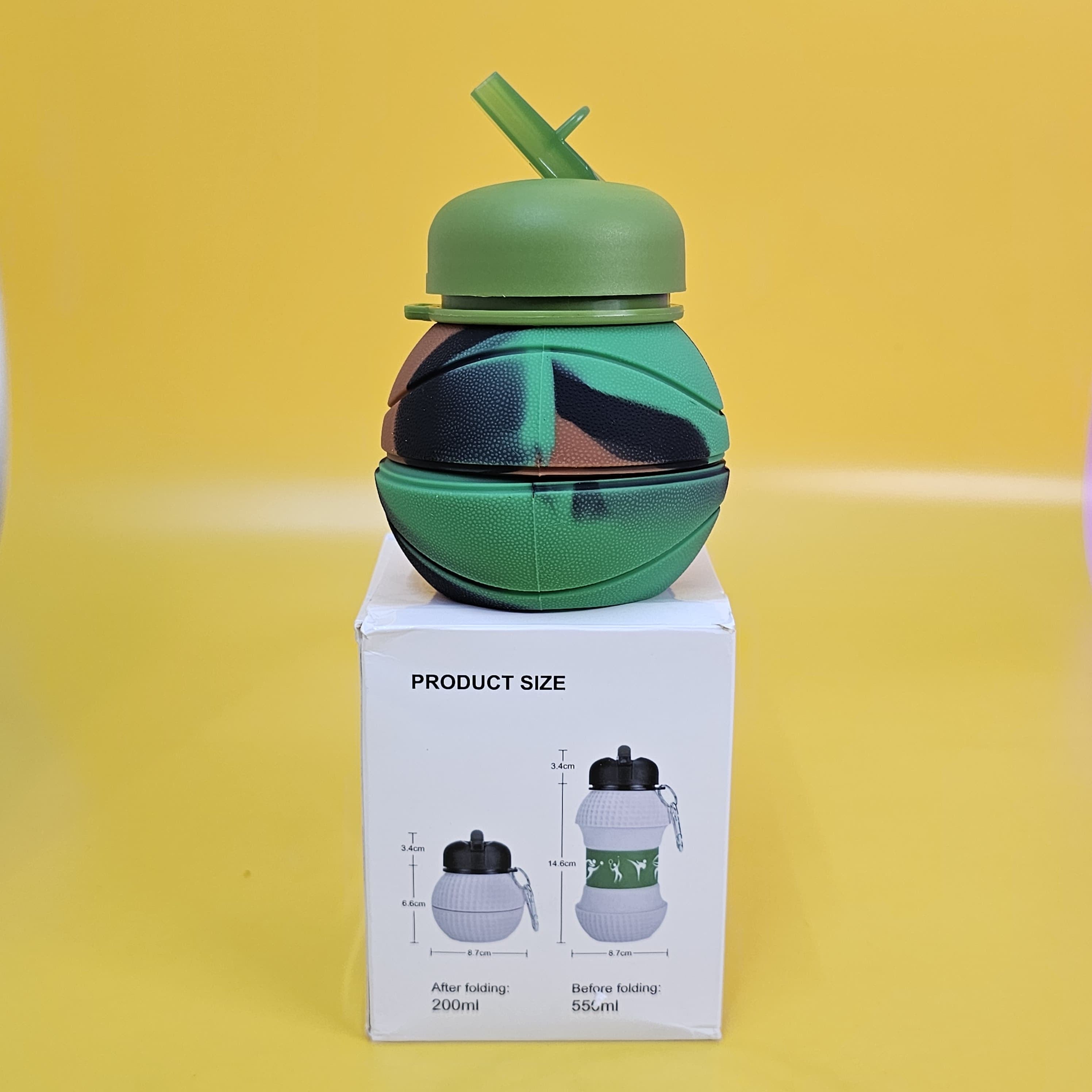 BPA-free and easy-to-clean foldable water bottle for children in Ahmedabad, featuring a cool basketball pattern and convenient carabiner clip for backpacks.